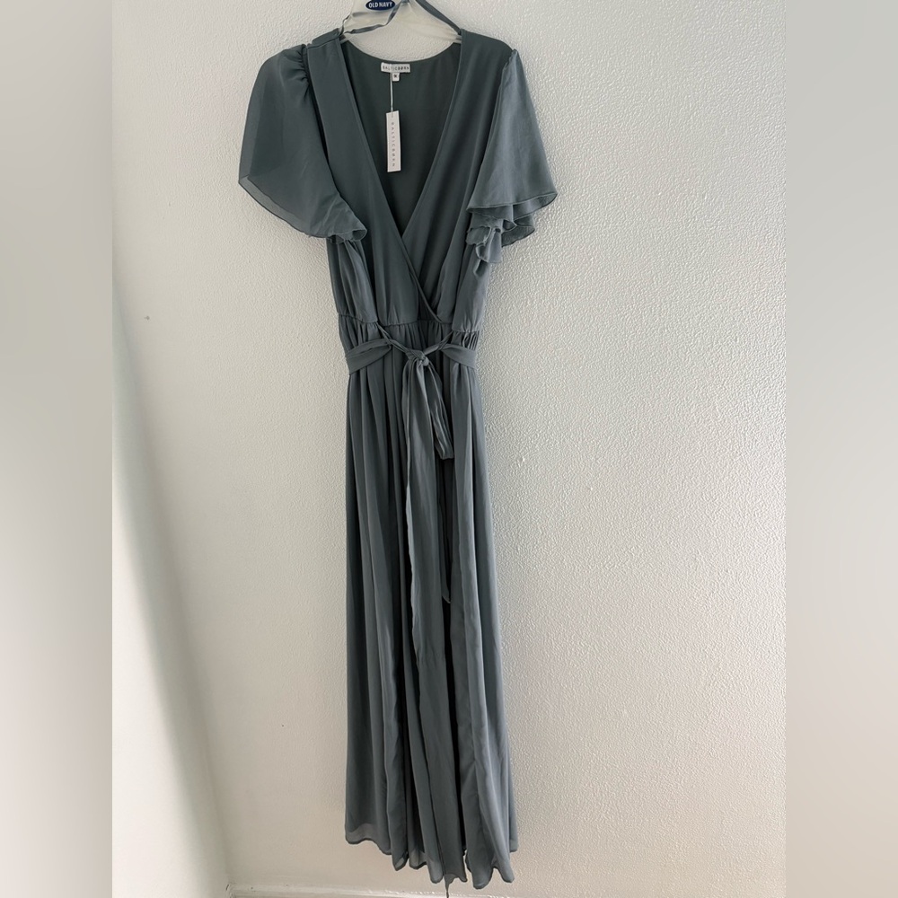 Baltic Born Dress Womens 2XL Dusty Blue Kristina Maxi Chiffon Belted Bridesmaid